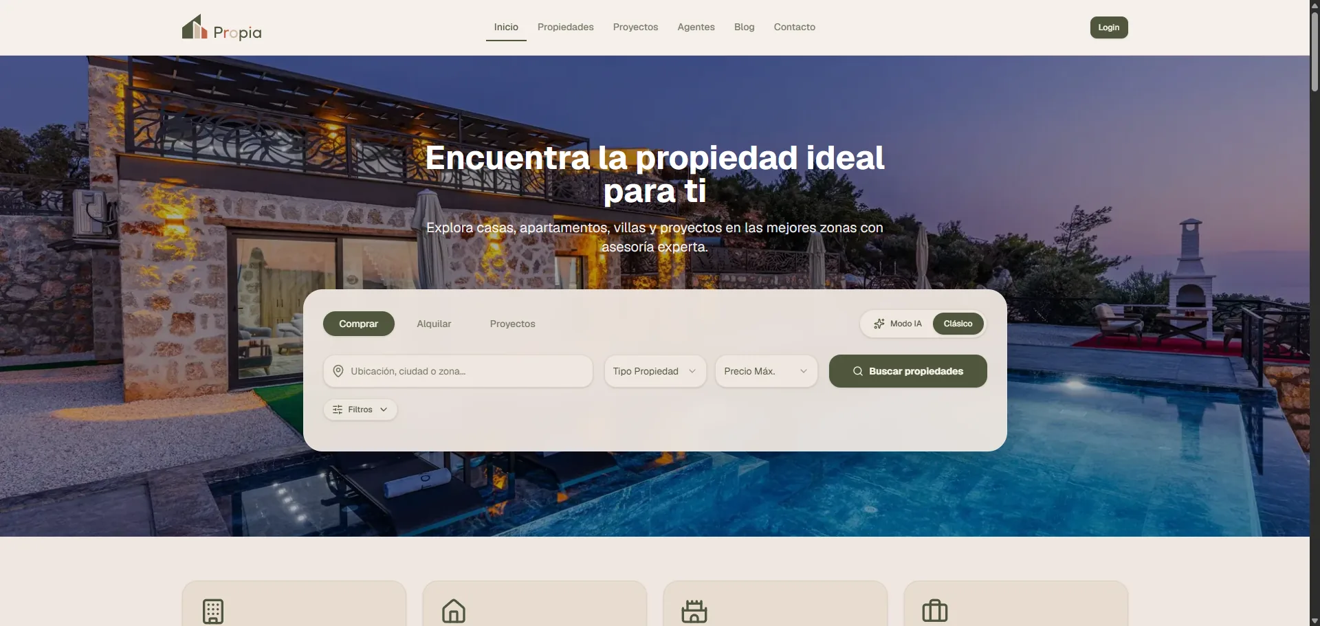Página de inicio de la plataforma inmobiliaria Propia